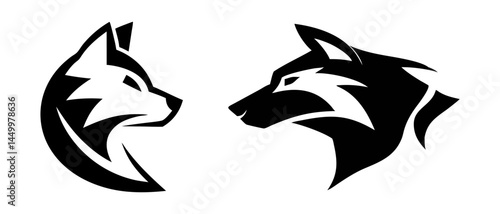 Stylized Black Silhouette Vector Design of Two Wolf Heads in Profile Facing Each Other Vector Illustration