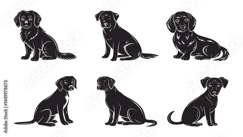 Various Silhouettes of Dogs in Different Poses Highlighting Canine Characteristics and Expressions Vector Illustration