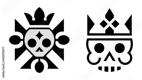 Stylized Skull Graphic Design with Crown and Ornate Elements in Black and White Monochrome Vector Illustration