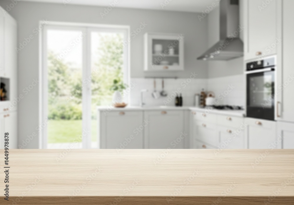 Fototapeta premium Modern kitchen empty wooden table window mockup sink in a hotel interior design