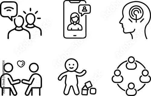 therapy session icon set including individual counseling, group therapy circle, child play therapy, virtual therapy call, couples support, and cognitive behavioral health care,vector