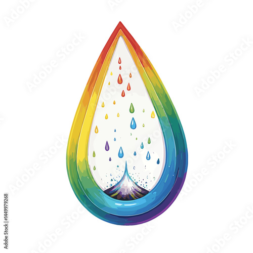 The image features a colorful water droplet design with a gradient rainbow border. Inside the droplet, there are smaller droplets of various colors cascading downward, creating a vibrant and dynamic v