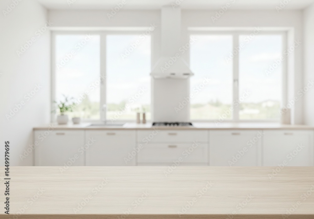 Modern kitchen empty wooden table window mockup sink in a hotel interior design Modern kitchen empty wooden table window mockup sink in a hotel interior design