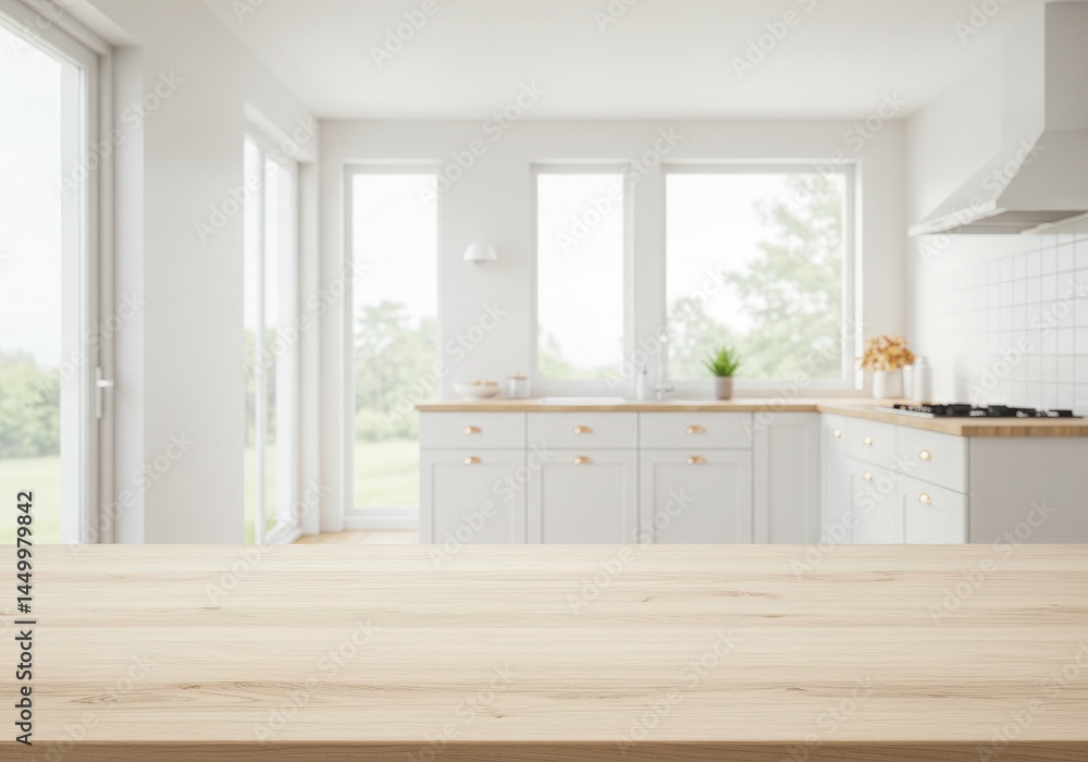 Fototapeta premium Modern kitchen empty wooden table window mockup sink in a hotel interior design