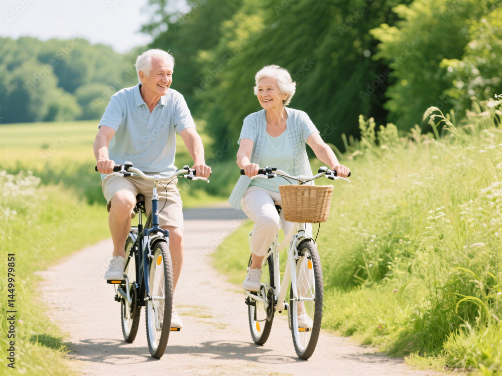 Obraz premium Happy senior couple riding bicycles through green countryside on sunny summer day, promoting brain health and dementia prevention through active lifestyle and nature connection