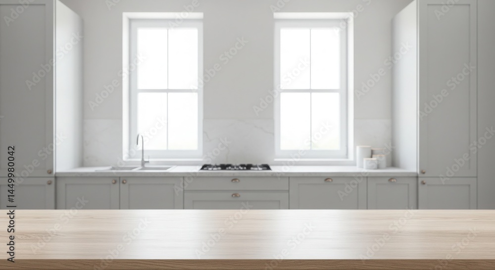 Fototapeta premium Modern kitchen empty wooden table window mockup sink in a hotel interior design