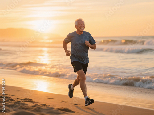 Fit elderly man jogs along shoreline at golden hour, representing positive aging, dementia risk reduction, and healthy lifestyle, captured in high-resolution beach photography