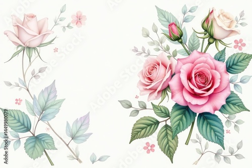 Delicate watercolor roses, leaves, and buds in pastel hues, repeat, floral background, art
