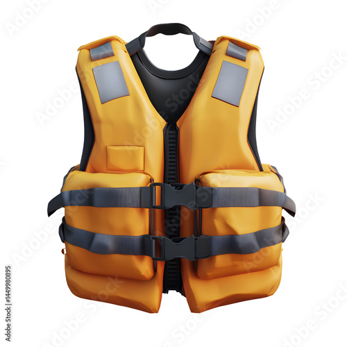 3D realistic life jacket, yellow in color, with a transparent background 