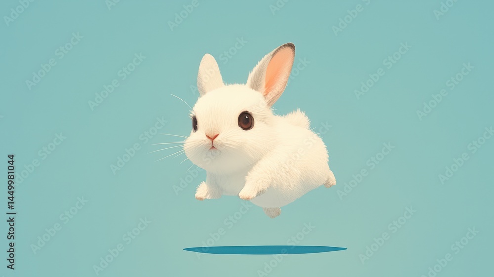 Fototapeta premium A fluffy white bunny hopping mid-air on a light blue background, shadow below