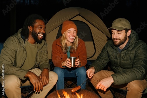 Friends enjoying campfire night. photo