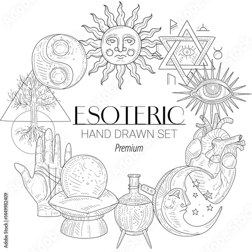 Hand-drawn esoteric vector set including crystals, tarot cards, moon phases, candles, herbs, and mystical symbols. Ideal for spiritual design and metaphysical projects.