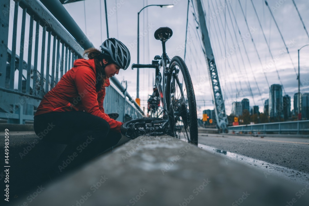 Fototapeta premium A cyclist on a bridge experiences a flat tire, pausing to make a repair in the city.