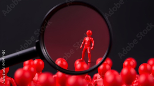 A close-up shot of red figurines with one under a magnifying glass, representing individuality and the concept of standing out from the crowd.