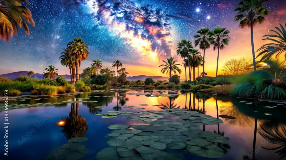 Tranquil Oasis Palm Trees, Lily Pads, and a Starry Night Sky Reflect in a Serene Pond Tranquil Oasis Palm Trees, Lily Pads, and a Starry Night Sky Reflect in a Serene Pond