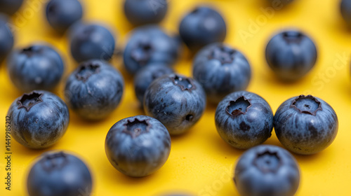 Healthy blueberries close up macro on yellow background