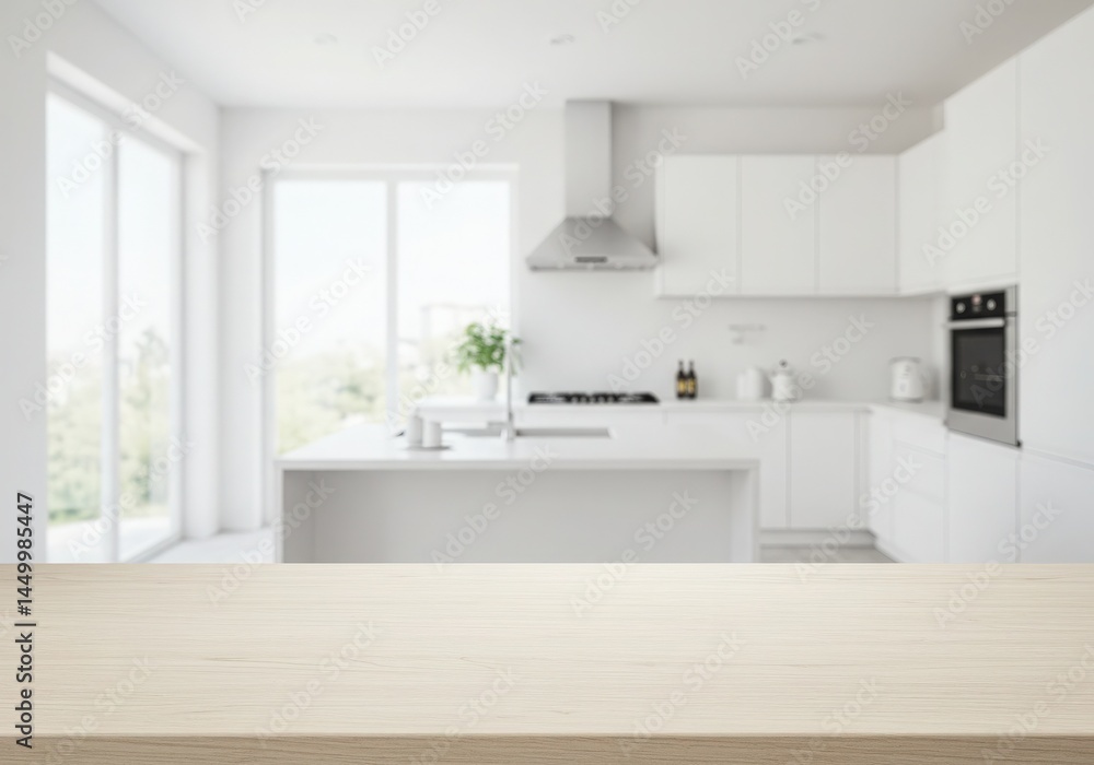 Modern kitchen empty wooden table window mockup sink in a hotel interior design Modern kitchen empty wooden table window mockup sink in a hotel interior design