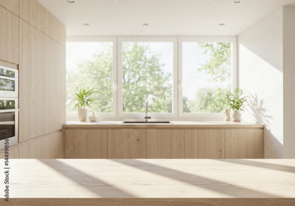 Fototapeta premium Modern kitchen empty wooden table window mockup sink in a hotel interior design