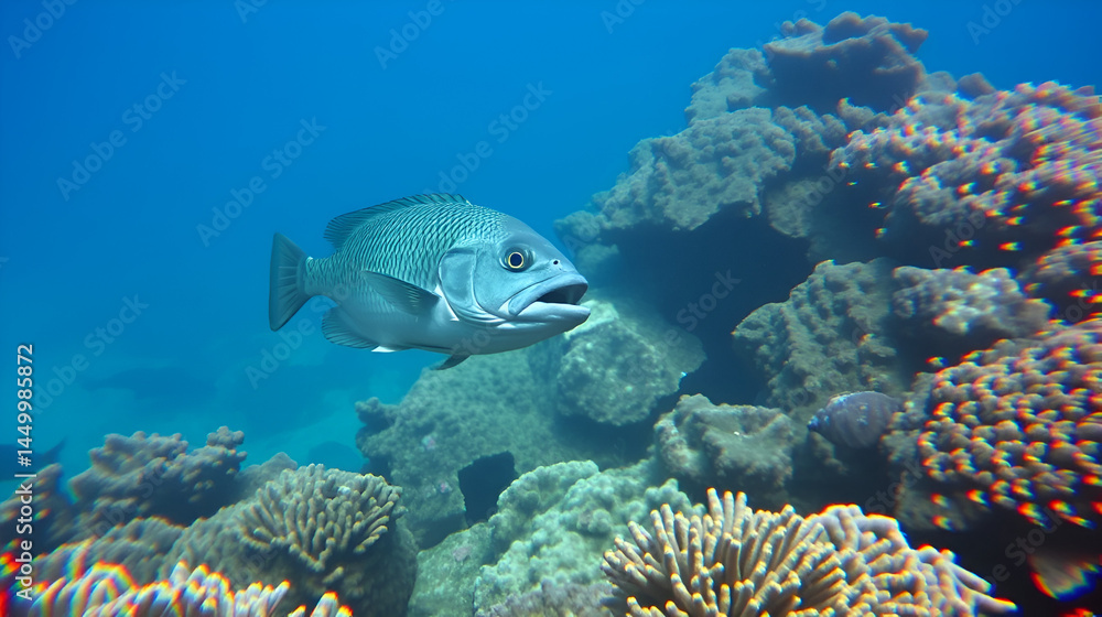 Fototapeta premium Blue Chub and Sergeant Majors fish swimming over coral reef at Constellation Montana Wrecks - handheld shot