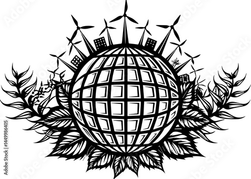 Green ecology promotes sustainability through mindful living, captured in a clean SVG vector.Black and White Illustration of Earth with Wind Turbines and Plants