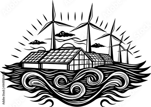 Green ecology promotes sustainability through mindful living, captured in a clean SVG vector.Sustainable Energy Landscape with Wind Turbines and Greenhouse Design