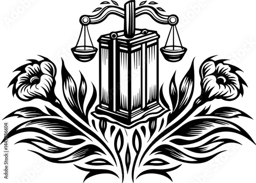 Green ecology promotes sustainability through mindful living, captured in a clean SVG vector.Decorative Scale of Justice Design with Floral Elements