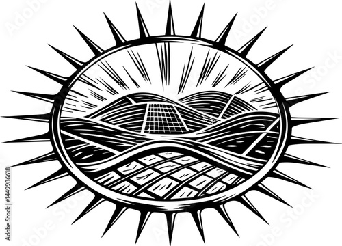 Green ecology promotes sustainability through mindful living, captured in a clean SVG vector.Solar Energy Landscape Illustration with Sun Rays and Hills