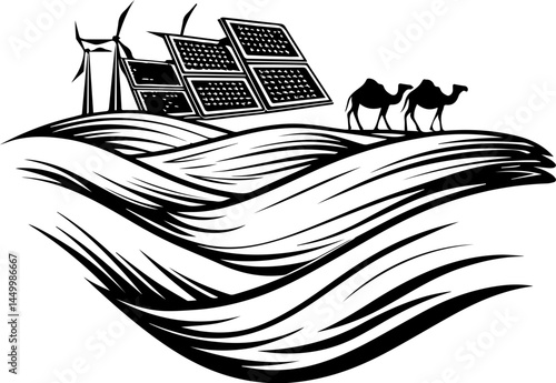 Green ecology promotes sustainability through mindful living, captured in a clean SVG vector.Solar Energy Innovation with Wind Turbines in Desert Landscape
