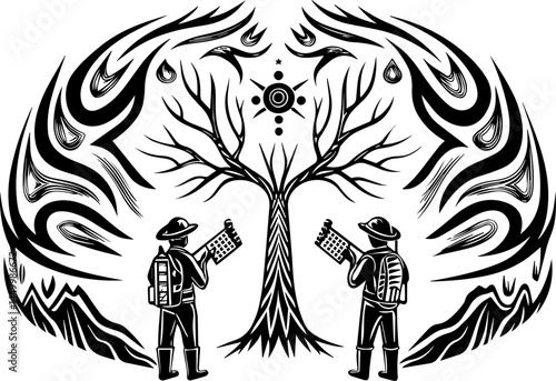 Green ecology promotes sustainability through mindful living, captured in a clean SVG vector.Nature Guardians Observing Tree with Intricate Elemental Design
