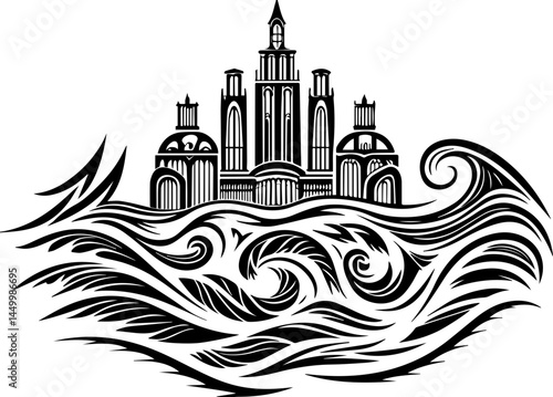 Green ecology promotes sustainability through mindful living, captured in a clean SVG vector.Black and White Abstract Cityscape with Waves and Swirls Art Design