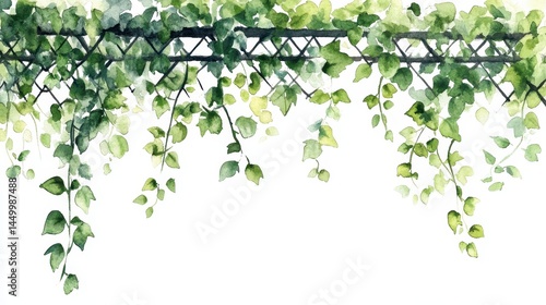 green Flower leaves trellis growing horizontally on roof, light, white background, kid book, cartoon, gouache