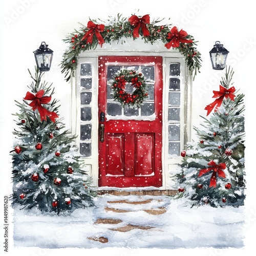 Watercolor illustration of a red front door decorated with a wreath, flanked by Christmas trees with red bows and ornaments, snowy winter scene with garlands and lanterns, white background