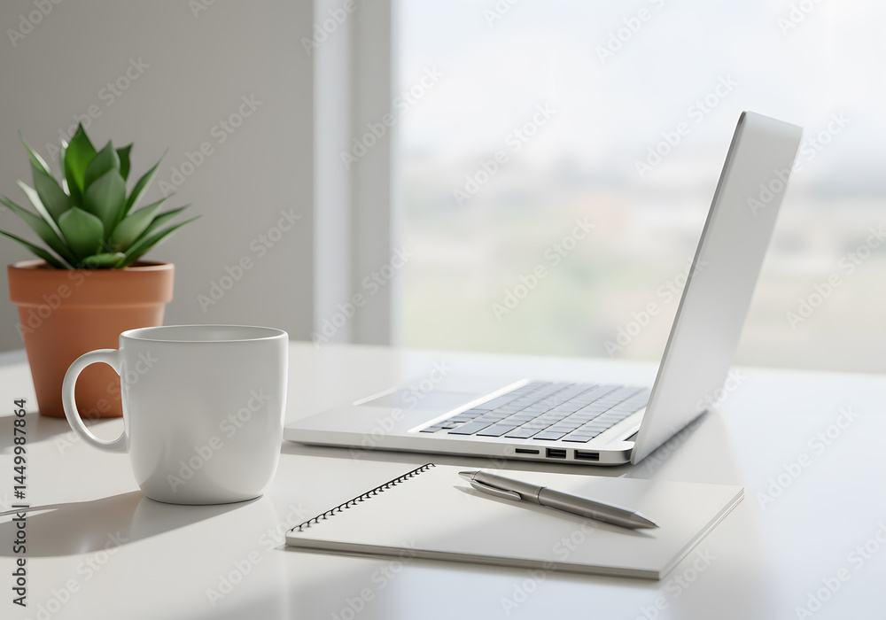 Fototapeta premium White Mug Placed on a Clean White Office Desk Mockup