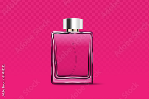 A rectangular, transparent perfume bottle containing a light pink liquid is set against a solid pink background. The bottle is topped with a silver cap.