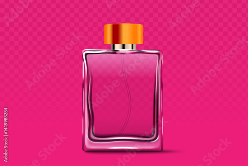 A rectangular, transparent perfume bottle with a light pink liquid inside is shown against a solid pink background. The bottle has a metallic gold cap.






