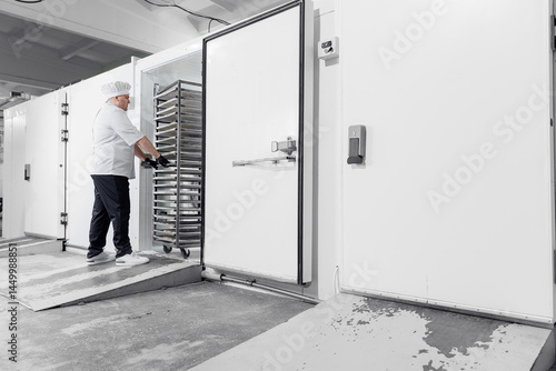 Fotografie Male caucasian adult technologist freezing puff pastry in industrial confectione