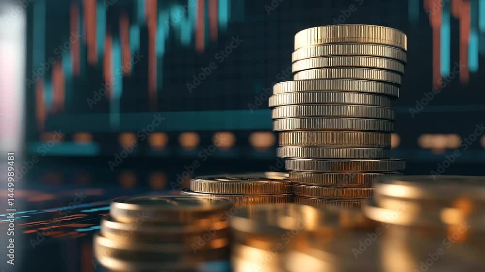 Golden crypto coins stacked in columns of different heights, with a digital trading interface displaying fluctuating market trends in the background, symbolizing financial uncertai
