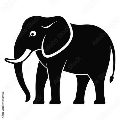 Black silhouette, elephant illustration, white background, minimalist design, graphic art, simple shapes, bold contrast, stylized animal, side view, curved tusks, smooth lines, iconic representation, 