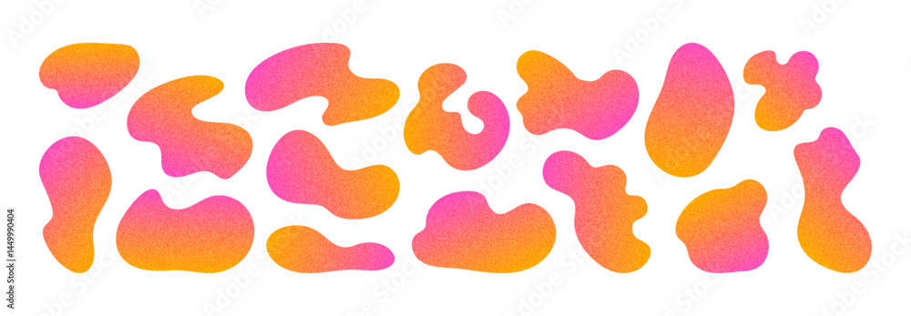 Amoeba shapes in neon gradient pink, orange colors. Irregular blobs with a grainy effect. Noise textured liquid freeform set.