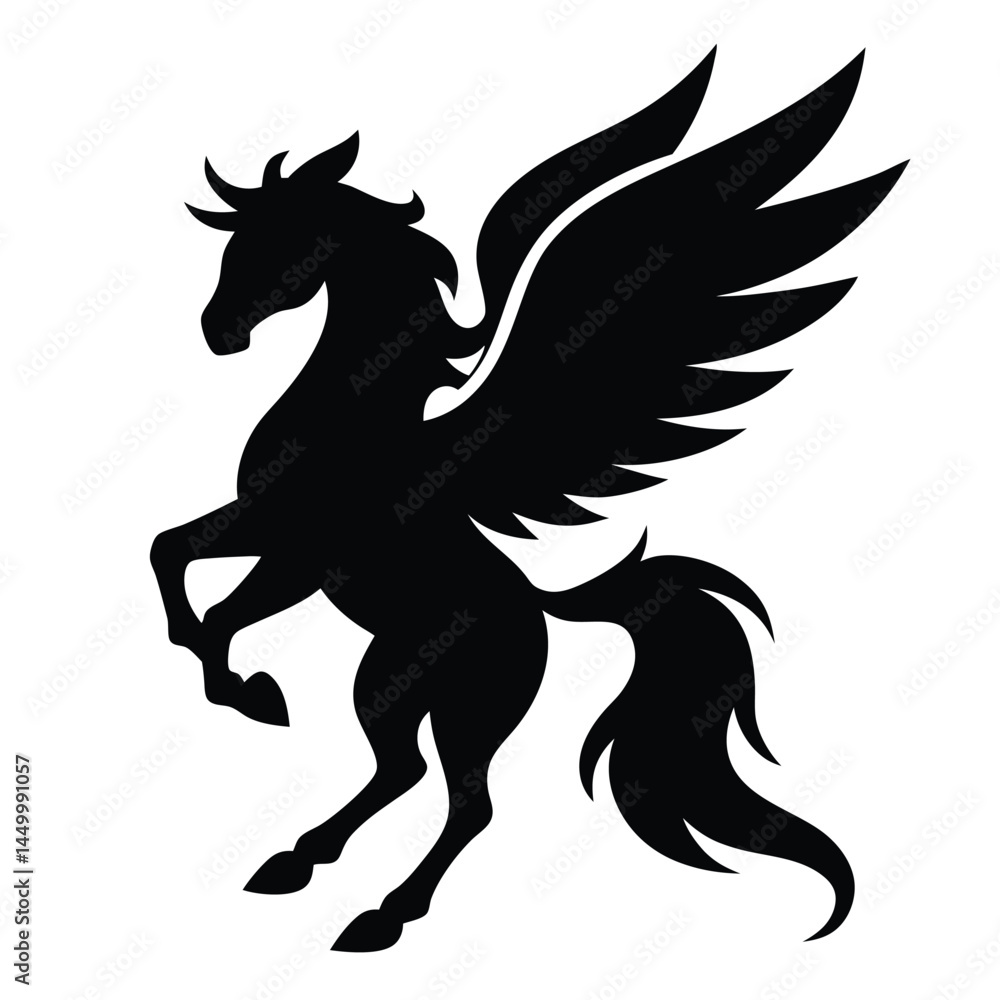 mythical winged horse, Pegasus silhouette, black and white, stylized graphic, minimalist design, rearing pose, fantasy creature, iconic symbol, sleek lines, strong contrast, vector art style, mythical winged horse, Pegasus silhouette, black and white, stylized graphic, minimalist design, rearing pose, fantasy creature, iconic symbol, sleek lines, strong contrast, vector art style,
