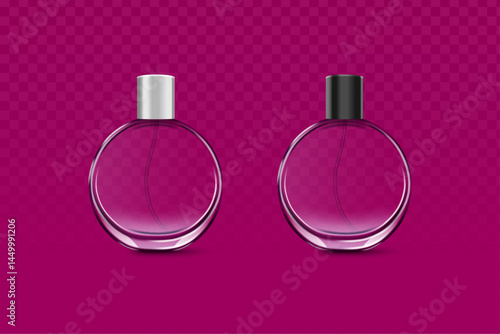 Two round, transparent perfume bottles are positioned side-by-side against a solid purple backdrop. The left bottle is sealed with a silver cap, while the right one has a black cap.