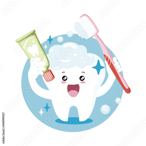 Cute tooth character brushing with toothpaste and foam, perfect for dental care, oral hygiene, and kids’ tooth health concepts.
