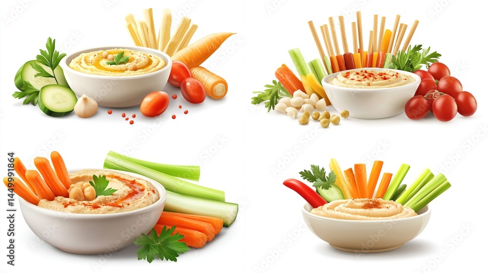 Four bowls of hummus with assorted vegetables and snacks Four bowls of hummus with assorted vegetables and snacks