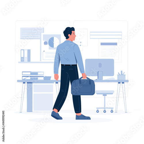 businessman walking to work carrying a bag on office background illustration flat design