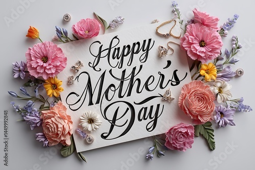A stylish Mother's Day card that reads "Happy Mother's Day" in luxurious calligraphy, surrounded by an assortment of bright, cheerful flowers and shimmering jewelry, captured with stunning clarity.