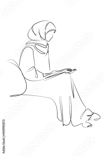 One continuous single drawing line art flat doodle book, reading, islam, woman, sitting, female. Isolated image hand draw contour on a white background, hand drawn, not AI