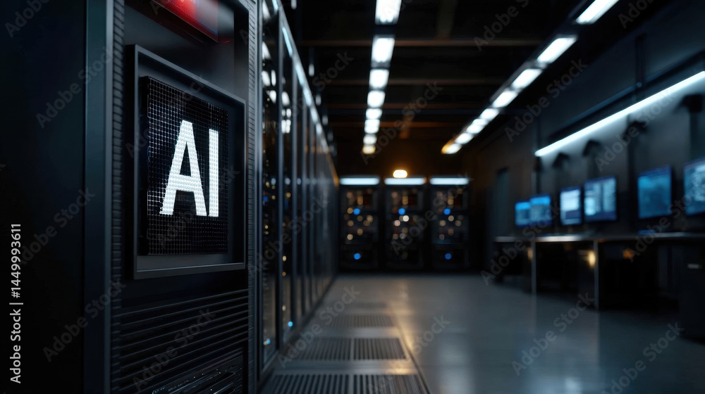 Futuristic data center with AI technology and servers glowing in dark room, showcasing advanced computing and digital innovation in high tech environment Futuristic data center with AI technology and servers glowing in dark room, showcasing advanced computing and digital innovation in high tech environment