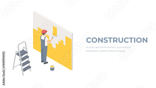 Vector home renovation isometric illustration. Professional worker with painting roller, tray, brush, ladder with bucket of paint and cloth. Painting walls, house construction concept. Isolated.