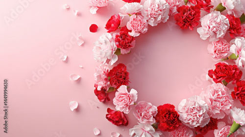 Beautiful floral frame made of red and pink carnations arranged in circle on soft pink background with scattered petals creating delicate and romantic atmosphere
