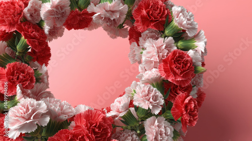 Floral frame made of red and pink carnations arranged in circular shape on soft pink background, creating delicate and romantic atmosphere